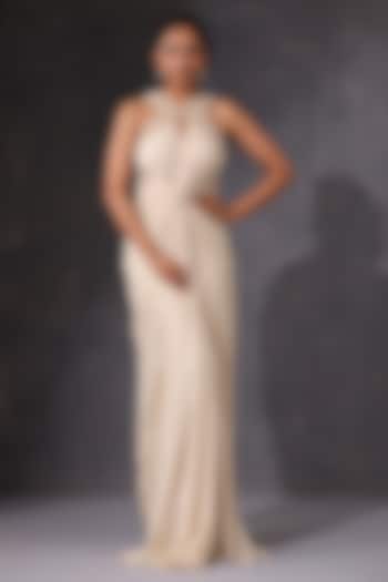 Cream Georgette Pearl Embroidered Draped Party Wear Gown by K-ANSHIKA Jaipur at Pernia's Pop Up Shop