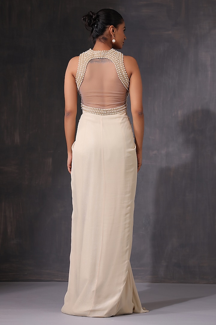 Cream Georgette Pearl Embroidered Draped Engagement Gown by K-ANSHIKA Jaipur at Pernia's Pop Up Shop