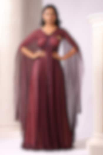 Wine Georgette Sequins Embroidered Draped Gown by K-ANSHIKA Jaipur at Pernia's Pop Up Shop