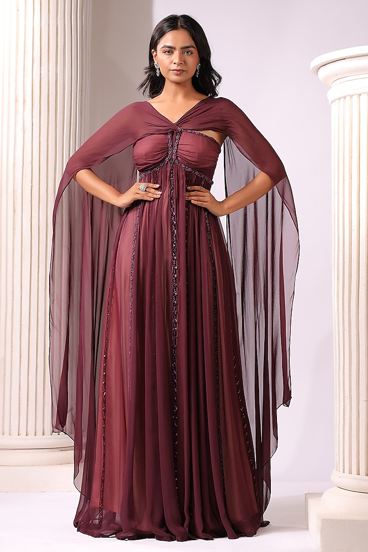 Wine Georgette Sequins Embroidered Draped Gown by K-ANSHIKA Jaipur at Pernia's Pop Up Shop