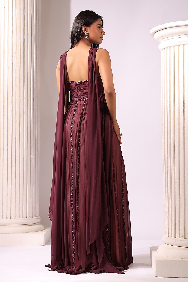 Wine Georgette Sequins Embroidered Draped Engagement Gown by K-ANSHIKA Jaipur at Pernia's Pop Up Shop