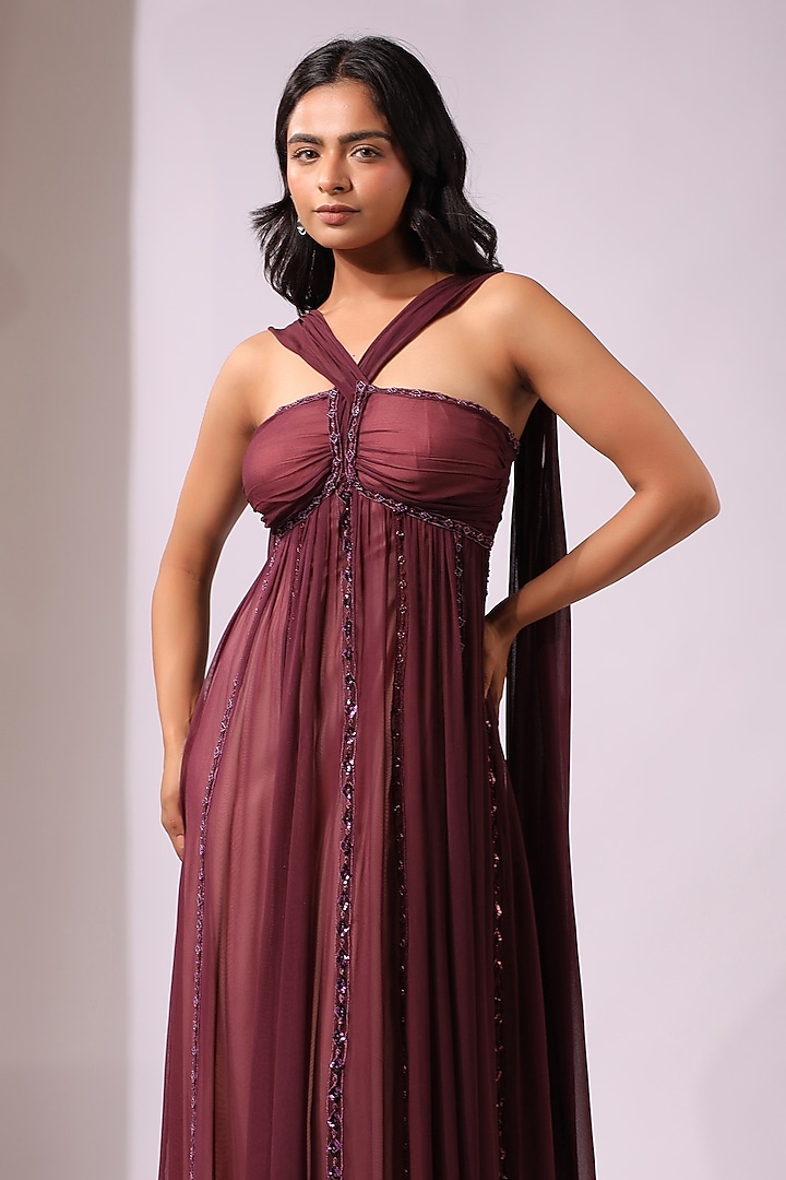 Wine Georgette Sequins Embroidered Draped Engagement Gown by K-ANSHIKA Jaipur at Pernia's Pop Up Shop
