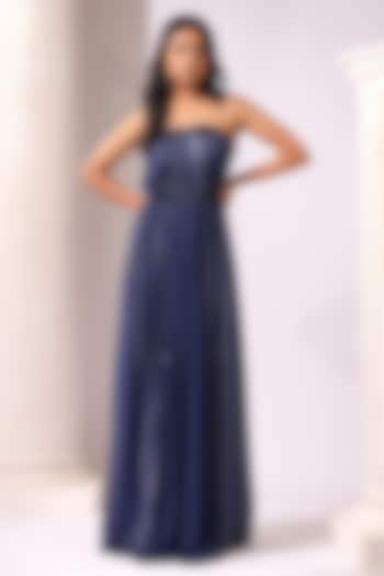 Navy Blue Georgette Sequins Embroidered Strapless Gown by K-ANSHIKA Jaipur at Pernia's Pop Up Shop