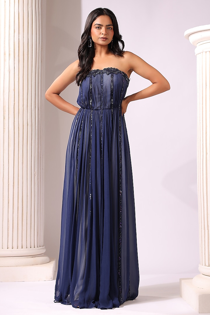 Navy Blue Georgette Sequins Embroidered Strapless Gown by K-ANSHIKA Jaipur at Pernia's Pop Up Shop