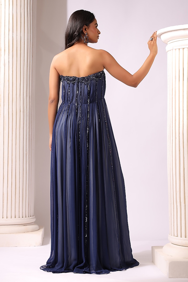 Navy Blue Georgette Sequins Embroidered Strapless Engagement Gown by K-ANSHIKA Jaipur at Pernia's Pop Up Shop
