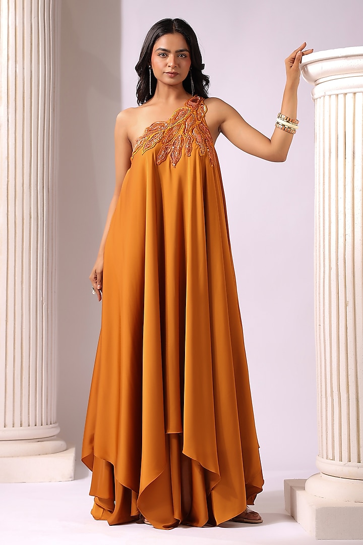 Orange Crepe Applique Work One-Shoulder Gown by K-ANSHIKA Jaipur at Pernia's Pop Up Shop