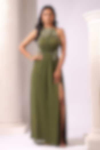 Olive Green Satin Floral Applique Work Gown by K-ANSHIKA Jaipur at Pernia's Pop Up Shop