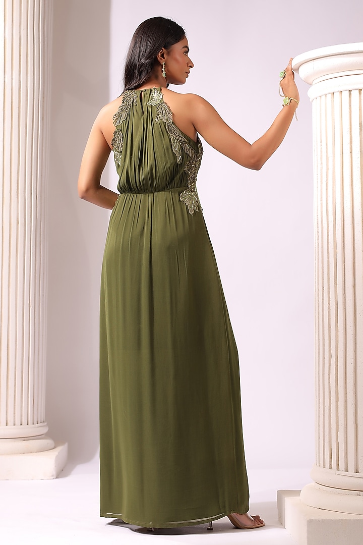 Olive Green Georgette Floral Applique Work Party Wear Gown by K-ANSHIKA Jaipur at Pernia's Pop Up Shop