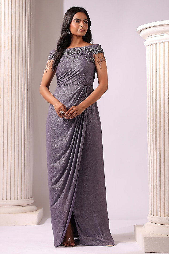 Violet Georgette Floral Embroidered Gown by K-ANSHIKA Jaipur at Pernia's Pop Up Shop