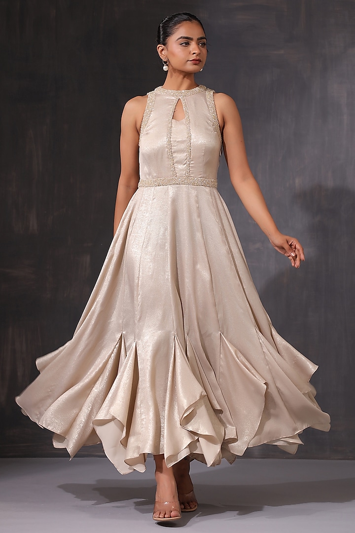 Cream Satin Pearl Embroidered Ruffled Dress by K-ANSHIKA Jaipur at Pernia's Pop Up Shop