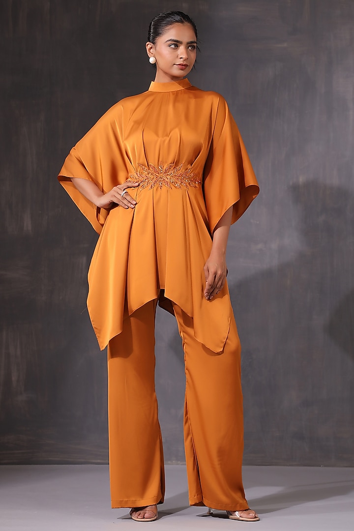 Orange Satin Sequins Embroidered Co-Ord Set by K-ANSHIKA Jaipur at Pernia's Pop Up Shop