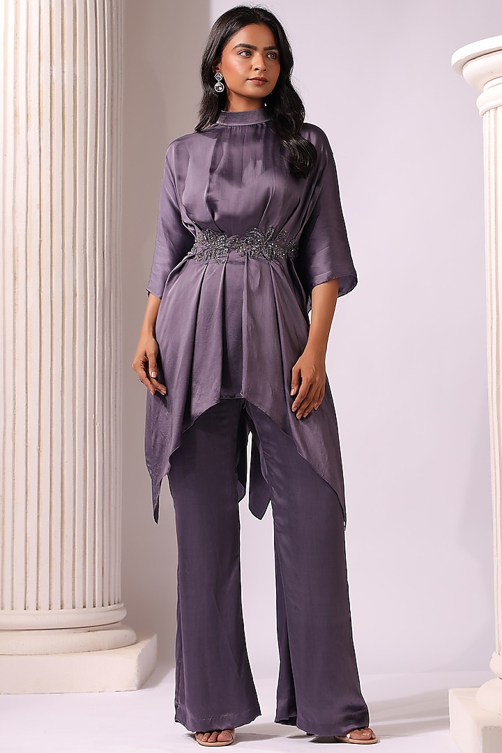 Violet Satin Sequins Embroidered Co-Ord Set by K-ANSHIKA Jaipur at Pernia's Pop Up Shop