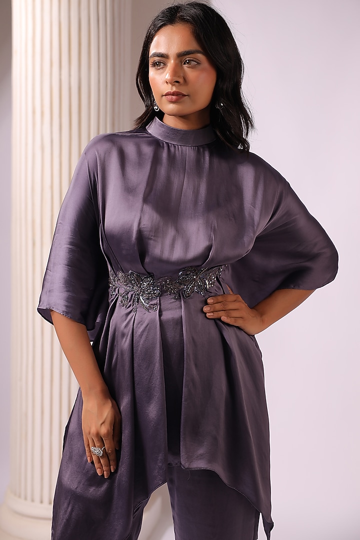 Violet Satin Sequins Embroidered Co-Ord Set by K-ANSHIKA Jaipur at Pernia's Pop Up Shop
