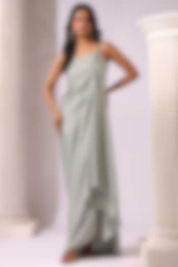 Mint Satin Pearl Embroidered One-Shoulder Draped Dress by K-ANSHIKA Jaipur at Pernia's Pop Up Shop