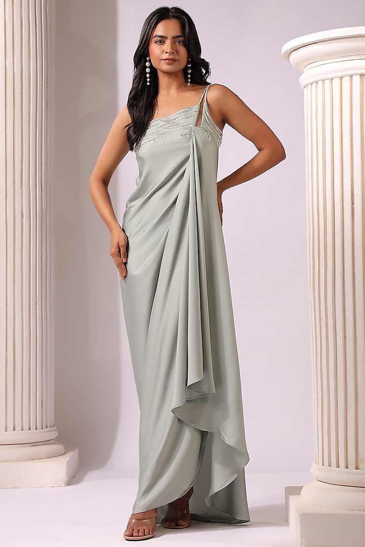 Mint Satin Pearl Embroidered One-Shoulder Draped Dress by K-ANSHIKA Jaipur at Pernia's Pop Up Shop