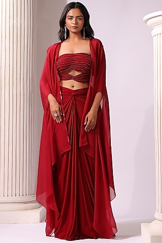 Red Georgette Sequins Embroidered Cape Set by K-ANSHIKA Jaipur