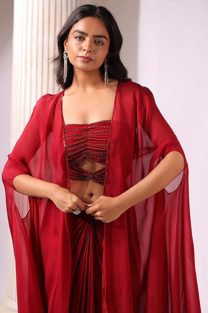 Red Georgette Sequins Embroidered Cape Set by K-ANSHIKA Jaipur at Pernia's Pop Up Shop