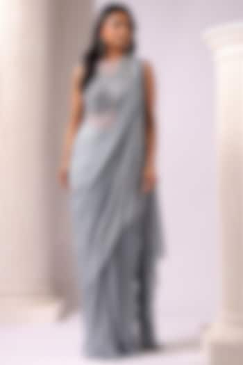 Grey Georgette 3D Applique Embroidered Draped Saree by K-ANSHIKA Jaipur at Pernia's Pop Up Shop