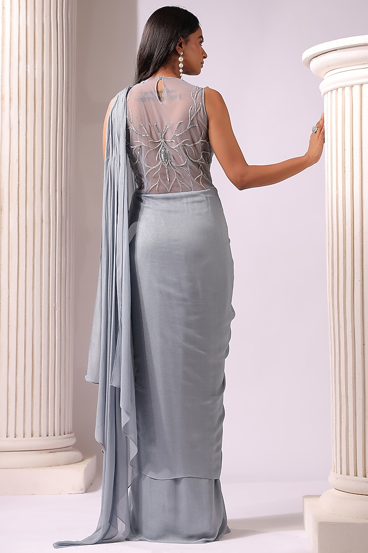 Grey Georgette 3D Applique Embroidered Draped Party Wear Saree by K-ANSHIKA Jaipur at Pernia's Pop Up Shop