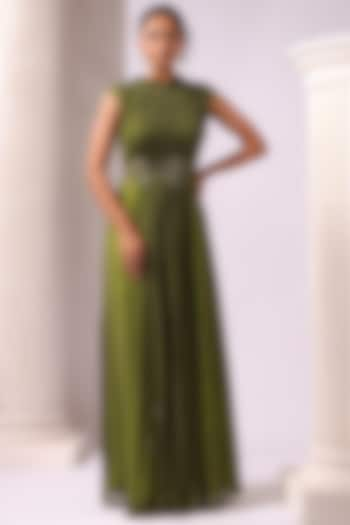 Green Georgette Applique Embroidered Gown by K-ANSHIKA Jaipur at Pernia's Pop Up Shop