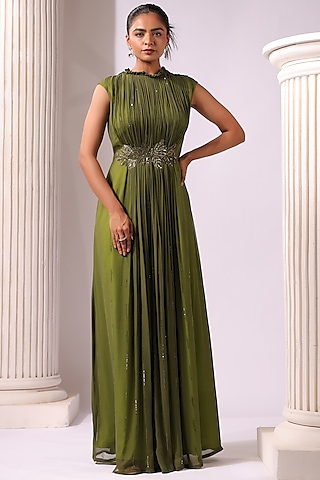 Green Georgette Applique Embroidered Gown by K-ANSHIKA Jaipur