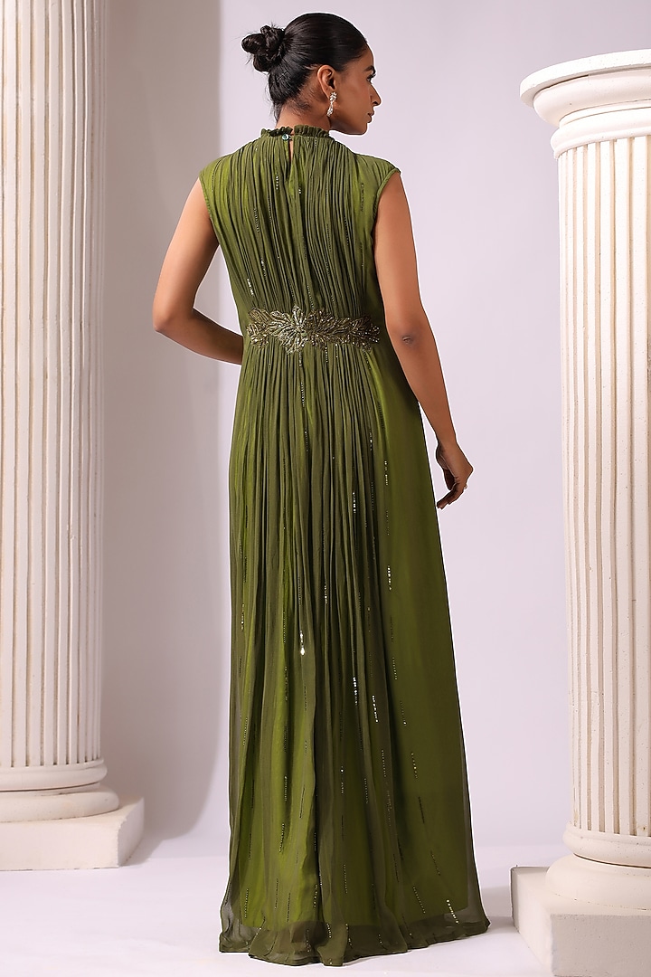 Green Georgette Applique Embroidered Party Wear Gown by K-ANSHIKA Jaipur at Pernia's Pop Up Shop