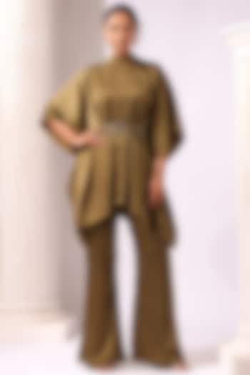 Olive Green Satin Sequins Embroidered Co-Ord Set by K-ANSHIKA Jaipur at Pernia's Pop Up Shop