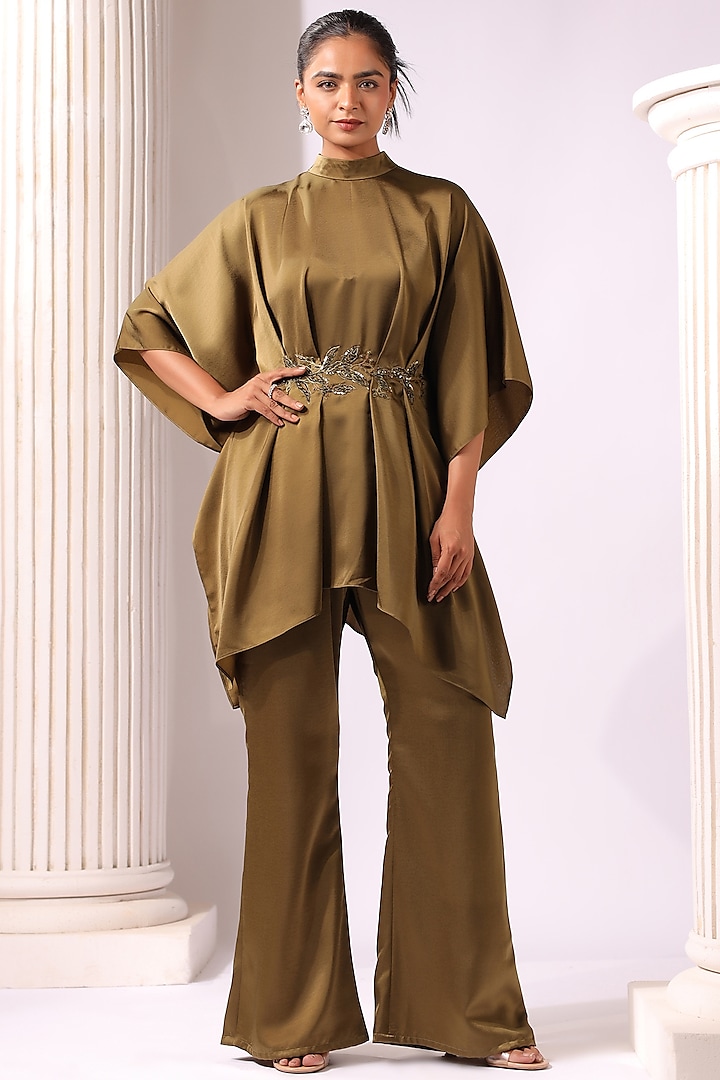 Olive Green Satin Sequins Embroidered Co-Ord Set by K-ANSHIKA Jaipur at Pernia's Pop Up Shop