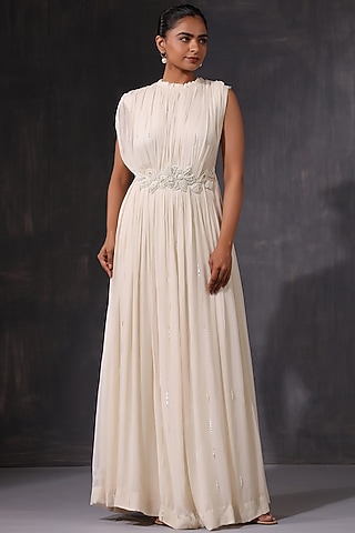 White Georgette Pearl Work Gathered Gown by K-ANSHIKA Jaipur