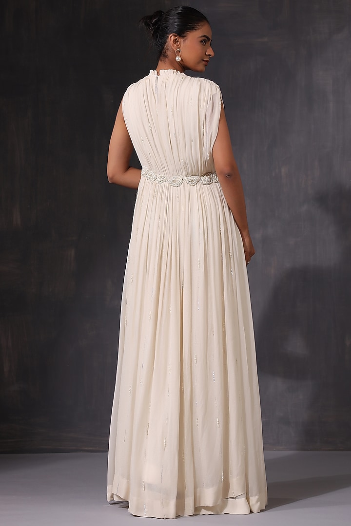 White Georgette Pearl Work Gathered Party Wear Gown by K-ANSHIKA Jaipur at Pernia's Pop Up Shop