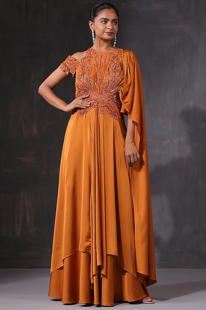 Orange Crepe Applique Embroidered Draped Saree by K-ANSHIKA Jaipur at Pernia's Pop Up Shop