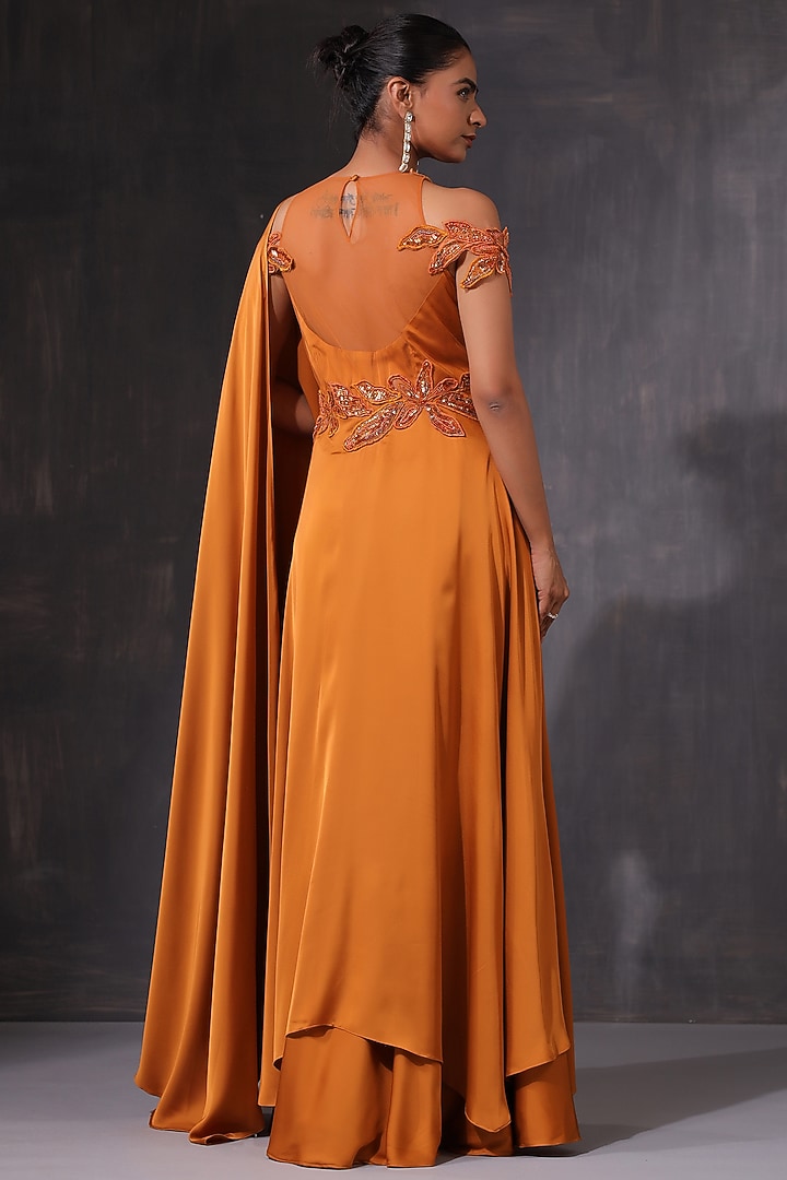 Orange Crepe Applique Embroidered Draped Wedding Saree by K-ANSHIKA Jaipur at Pernia's Pop Up Shop