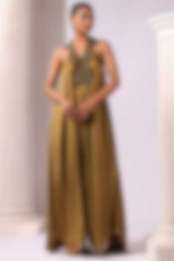 Olive Green Satin Beads Embroidered Asymmetric Dress by K-ANSHIKA Jaipur at Pernia's Pop Up Shop