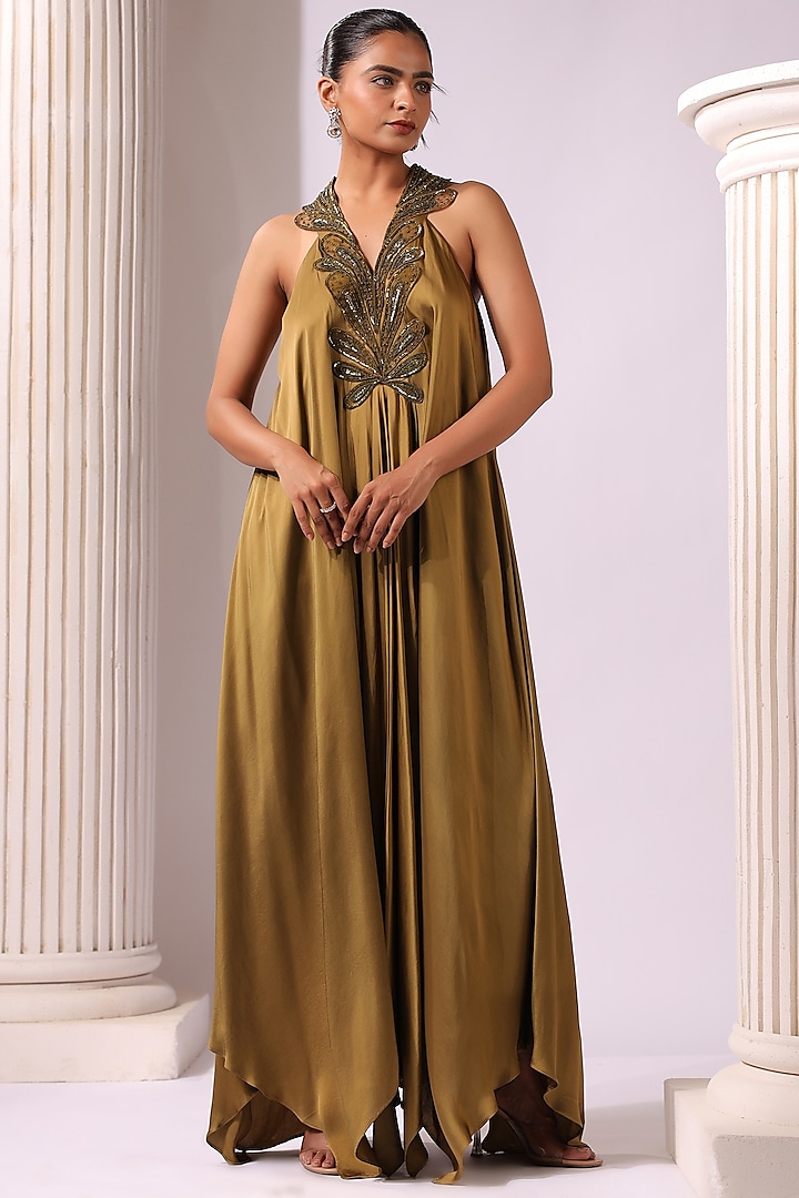 Olive Green Satin Beads Embroidered Asymmetric Dress by K-ANSHIKA Jaipur at Pernia's Pop Up Shop