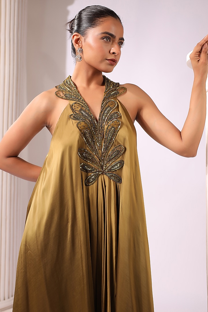 Olive Green Satin Beads Embroidered Asymmetric Vacation Dress by K-ANSHIKA Jaipur at Pernia's Pop Up Shop