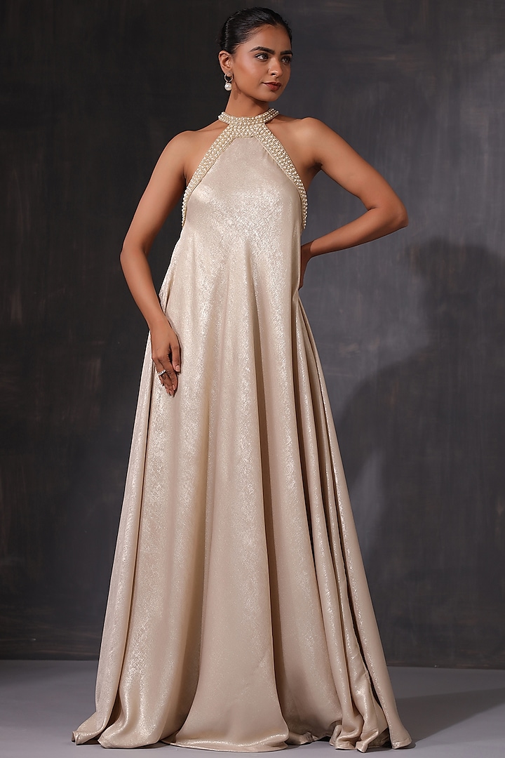 Cream Satin Maxi Dress by K-ANSHIKA Jaipur at Pernia's Pop Up Shop