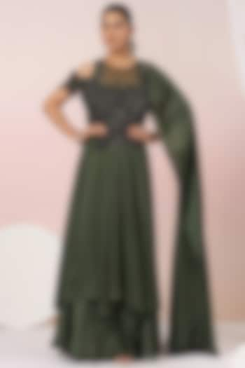 Olive Green Crepe Applique Embroidered Draped Saree by K-ANSHIKA Jaipur at Pernia's Pop Up Shop