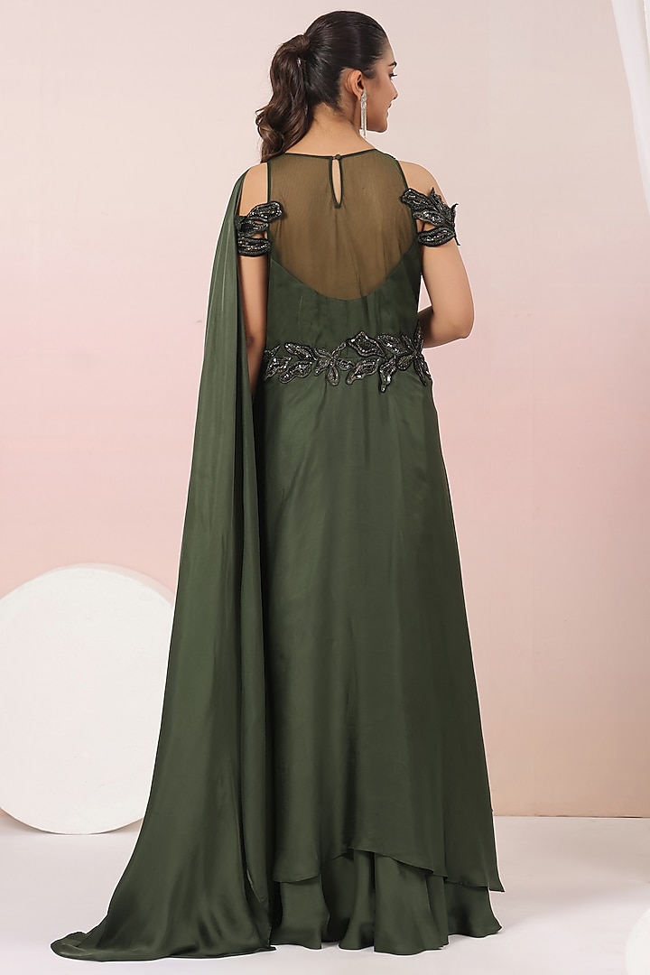 Olive Green Crepe Applique Embroidered Draped Wedding Saree by K-ANSHIKA Jaipur at Pernia's Pop Up Shop