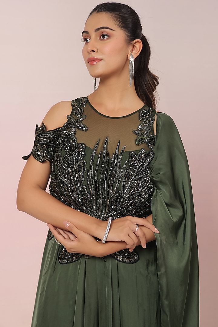 Olive Green Crepe Applique Embroidered Draped Wedding Saree by K-ANSHIKA Jaipur at Pernia's Pop Up Shop