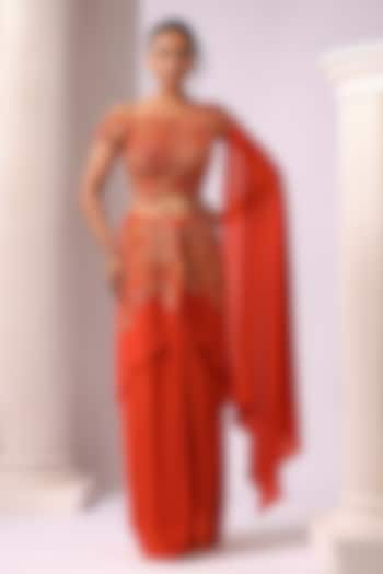 Orange Rust Crepe Applique Work Draped Skirt Saree Set by K-ANSHIKA Jaipur at Pernia's Pop Up Shop