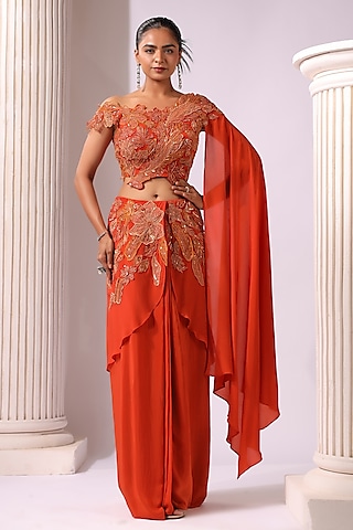 Orange Rust Crepe Applique Work Draped Skirt Saree Set by K-ANSHIKA Jaipur