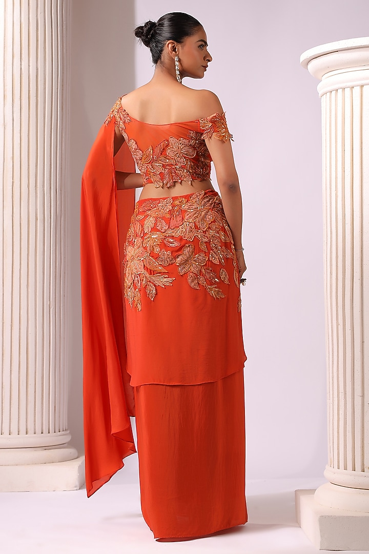 Orange Rust Crepe Applique Work Draped Skirt Wedding Saree Set by K-ANSHIKA Jaipur at Pernia's Pop Up Shop