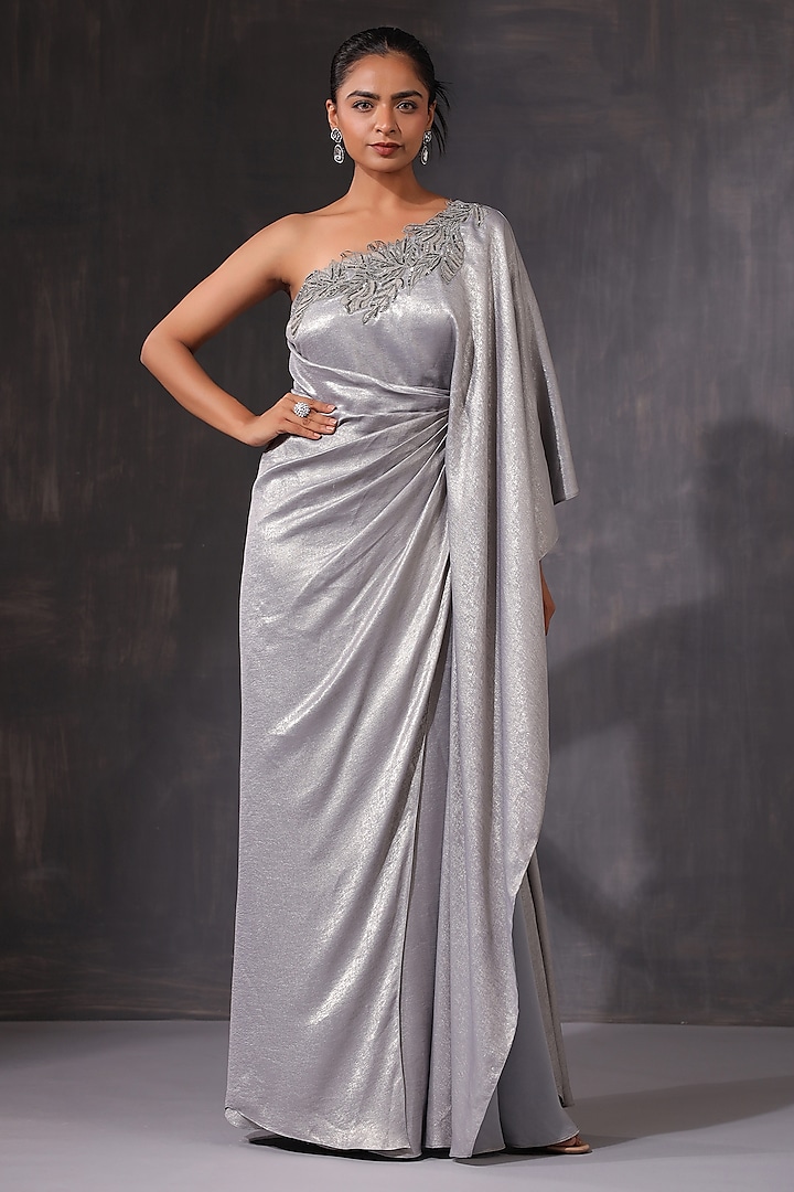 Silver Shimmer Satin Applique Motif Work One-Shoulder Gown by K-ANSHIKA Jaipur at Pernia's Pop Up Shop