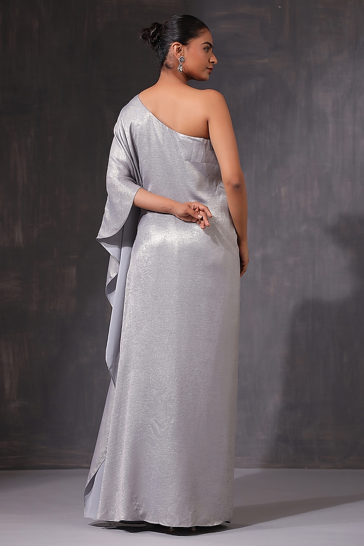 Silver Shimmer Satin Applique Motif Work One-Shoulder Party Wear Gown by K-ANSHIKA Jaipur at Pernia's Pop Up Shop