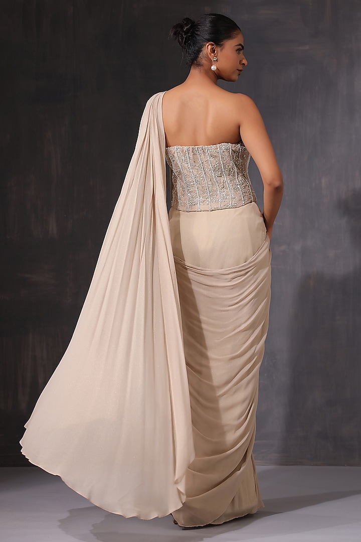 Beige Georgette Draped Wedding Saree Set by K-ANSHIKA Jaipur at Pernia's Pop Up Shop