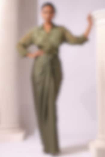 Olive Green Satin Draped Skirt Set by K-ANSHIKA Jaipur at Pernia's Pop Up Shop