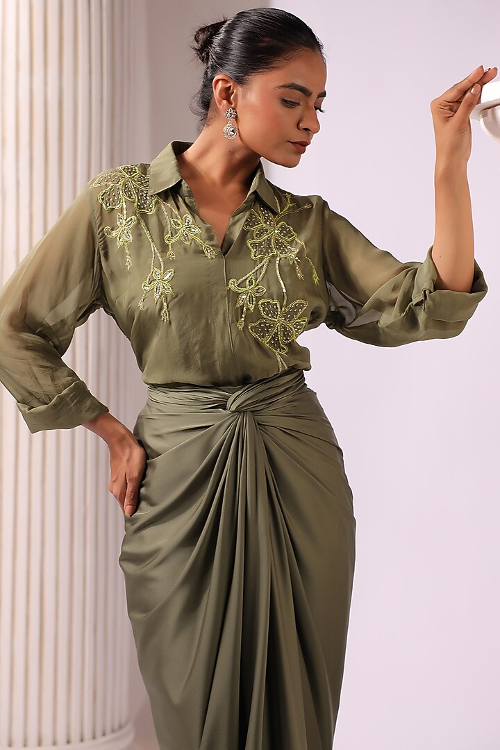 Olive Green Satin Draped Skirt Set by K-ANSHIKA Jaipur at Pernia's Pop Up Shop