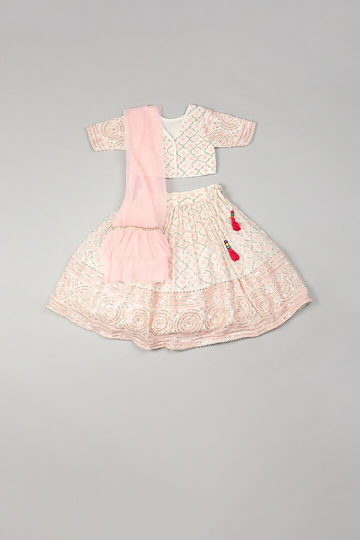 Off-White & Baby Pink Embroidered Lehenga Set For Girls by KI & KA Kids Couture