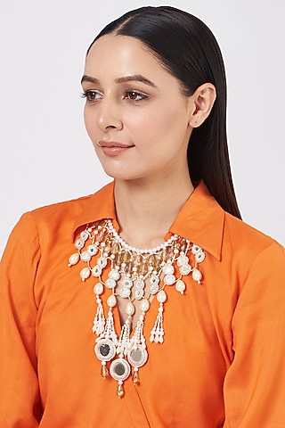Gold & Ivory Hand Embroidered Necklace by KnotMeCute