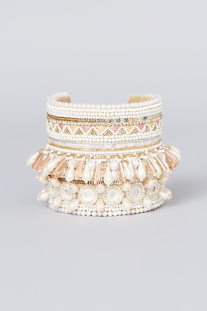 Ivory Hand Embroidered Handcuff by KnotMeCute at Pernia's Pop Up Shop